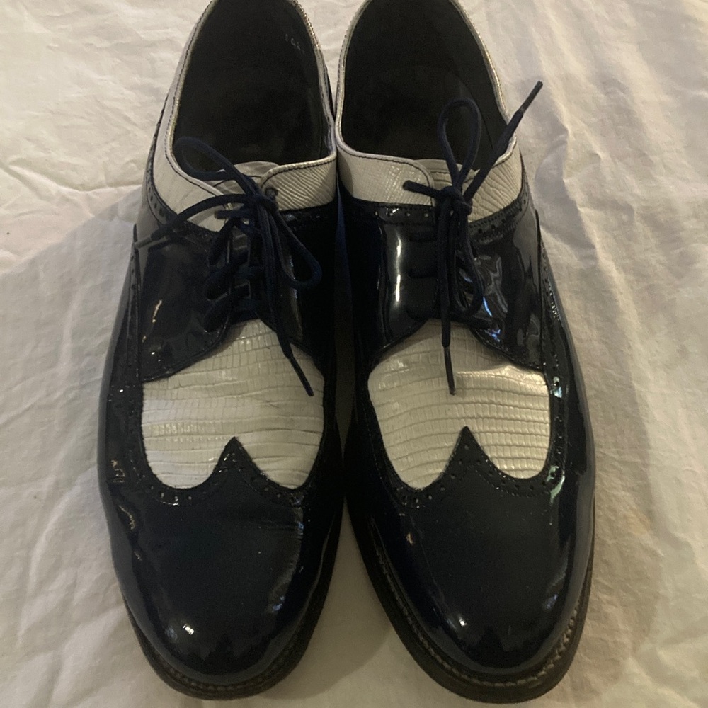 Stacy Baldwin Patent Leather Men's Navy Blue and White Wingtip Dress Shoes 12